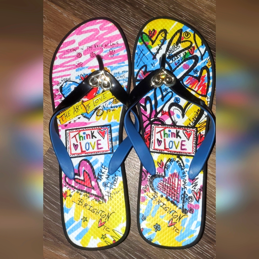 Brighton Sandals Flip flop Rubber Silver Rhinestone Heart accent Sz 9
